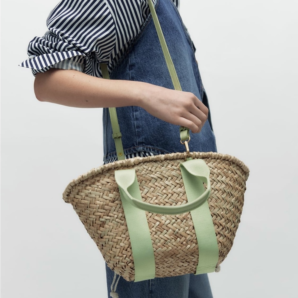 Zara Tan and Green Tote Bag with Structured Design